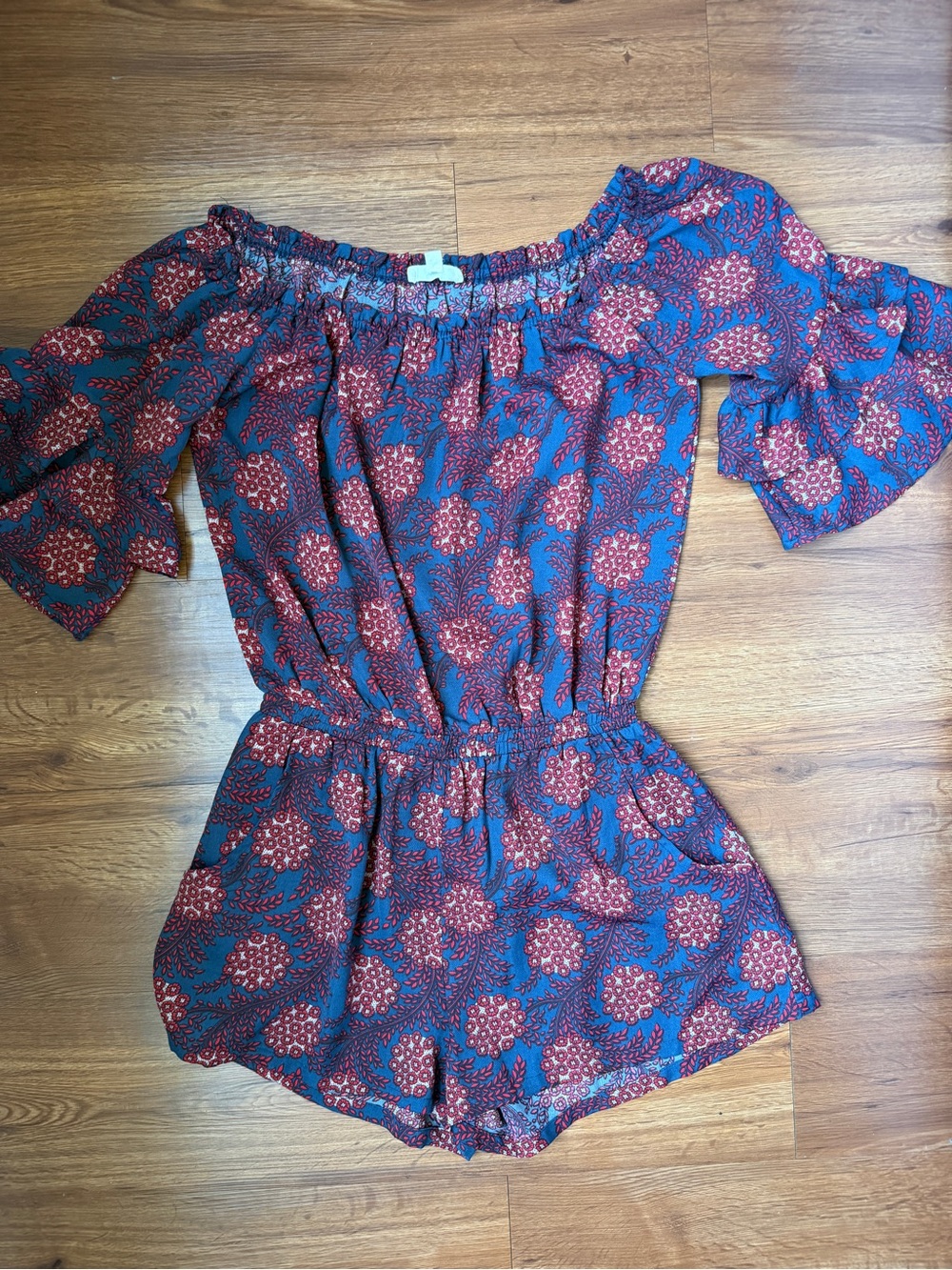 Off-Shoulder Floral Romper in Blue and Red